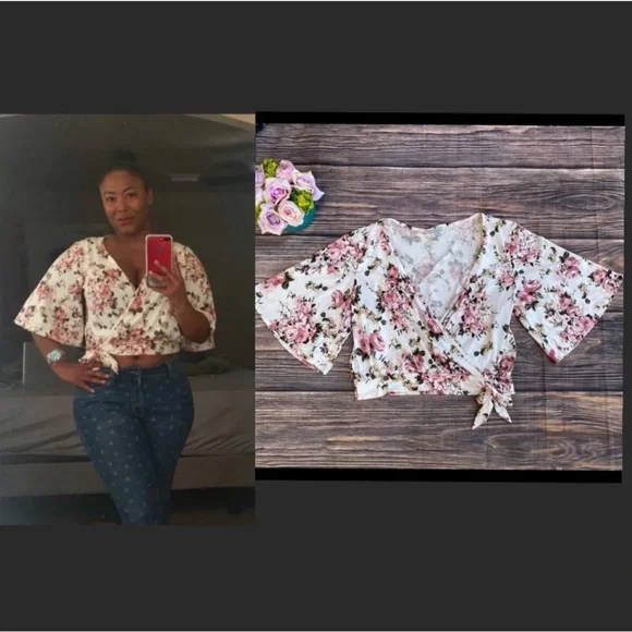 Charlotte Russe Floral Wrap Crop Top L Kimono Sleeve Tie Waist White Pink Blouse - Picture 5 of 6